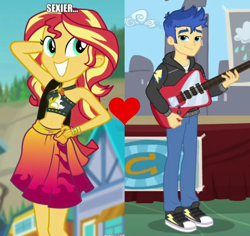 Size: 696x658 | Tagged: safe, edit, edited screencap, screencap, flash sentry, sunset shimmer, best trends forever, equestria girls, equestria girls specials, g4, my little pony equestria girls: better together, my little pony equestria girls: forgotten friendship, converse, female, male, ship:flashimmer, shipping, shipping domino, shoes, straight
