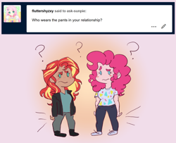 Size: 1280x1040 | Tagged: safe, artist:ask-sunpie, artist:wimsie, pinkie pie, sunset shimmer, human, tumblr:ask sunpie, g4, ask, blouse, clothes, dark skin, duo, female, humanized, jacket, lesbian, pants, question mark, ship:sunsetpie, shipping, shirt, shoes, text
