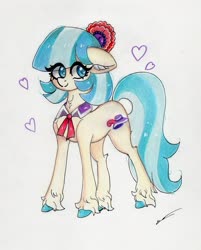 Size: 2301x2869 | Tagged: safe, artist:luxiwind, coco pommel, earth pony, pony, g4, cocobetes, cute, ear fluff, female, floppy ears, heart, high res, smiling, solo, traditional art, unshorn fetlocks