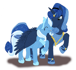 Size: 4104x3760 | Tagged: safe, artist:edhelistar, derpibooru exclusive, idw, princess luna, trixie, alicorn, pony, g4, reflections, spoiler:comic, alicornified, alternate hairstyle, artemis luna, boop, clothes, female, hairband, hoof shoes, hug, jewelry, lesbian, luxie, mare, mirror universe, mixed media, noseboop, peytral, princess of humility, race swap, raised hoof, shipping, simple background, tiara, transparent background, trixiecorn, winghug