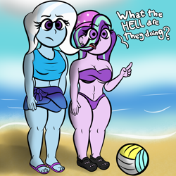 Size: 3200x3200 | Tagged: safe, artist:mrcakesboi, starlight glimmer, trixie, equestria girls, g4, beach, beanie, clothes, eye clipping through hair, female, hat, high res, sports, swimsuit, text, volleyball