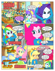 Size: 612x792 | Tagged: safe, artist:greatdinn, artist:newbiespud, edit, edited screencap, screencap, apple bloom, applejack, big macintosh, diamond tiara, fluttershy, pinkie pie, rainbow dash, rarity, scootaloo, sweetie belle, comic:friendship is dragons, equestria girls, g4, my little pony equestria girls, animal ears, chair, clothes, collaboration, comic, dialogue, female, hat, humane five, lipstick, onomatopoeia, screencap comic, smiling