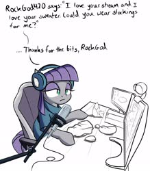 Size: 1400x1600 | Tagged: safe, artist:rocket-lawnchair, maud pie, earth pony, pony, g4, computer, desk, dialogue, female, headphones, livestream, microphone, rock, solo, streaming