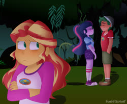 Size: 1280x1044 | Tagged: safe, artist:sunsetslight, sci-twi, sunset shimmer, timber spruce, twilight sparkle, equestria girls, g4, my little pony equestria girls: legend of everfree, 2010s, 2019, blushing, camp shorts, cargo shorts, clothes, converse, crossed arms, denim shorts, eyes closed, female, forest, freckles, glasses, grass, green hair, hand in pocket, implied lesbian, implied scitwishimmer, implied shipping, jealous, male, multicolored hair, peppered bacon, ponytail, sad, scrunchie, shipping, shirt, shoes, shorts, smiling, sneakers, socks, straight, t-shirt, timbertwi, tree, trio, watermark