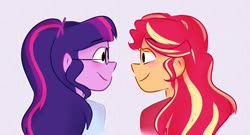 Size: 2000x1081 | Tagged: safe, artist:fuitgxmmy, artist:sunsetslight, sci-twi, sunset shimmer, twilight sparkle, equestria girls, g4, clothes, duo, female, glasses, lesbian, looking at each other, ponytail, ship:sci-twishimmer, ship:sunsetsparkle, shipping, shirt, simple background, smiling, white background