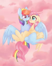 Size: 1638x2048 | Tagged: safe, alternate version, artist:vert_glamis, fluttershy, rainbow dash, butterfly, pegasus, pony, g4, blushing, cloud, duo, duo female, eye contact, female, lesbian, looking at each other, looking at someone, mare, pink cloud, ship:flutterdash, shipping, sitting on lap, wings