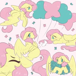 Size: 2000x2000 | Tagged: safe, artist:vert_glamis, fluttershy, butterfly, pegasus, pony, rabbit, g4, animal, balloon, eyes closed, female, flower, high res, pink background, simple background, smiling, solo, wallpaper