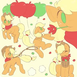 Size: 2000x2000 | Tagged: safe, artist:vert_glamis, applejack, earth pony, pony, g4, apple, applejack's hat, balloon, bandana, basket, clothes, cowboy hat, female, flower, food, hat, high res, lasso, mouth hold, rope, scarf, simple background, smiling, solo, wallpaper, yellow background