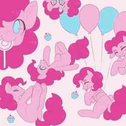 Size: 2000x2000 | Tagged: safe, artist:vert_glamis, pinkie pie, earth pony, pony, g4, balloon, candy, cupcake, cute, diapinkes, eyes closed, female, food, frog (hoof), high res, lollipop, missing cutie mark, multeity, no pupils, pink background, simple background, smiling, solo, tongue out, underhoof, wallpaper