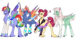 Size: 2296x1189 | Tagged: safe, artist:bunnari, bow hothoof, gentle breeze, posey shy, windy whistles, g4, alternate design, badass, clothes, colored wings, headcanon, headcanon in the description, multicolored wings, simple background, transparent background, wings