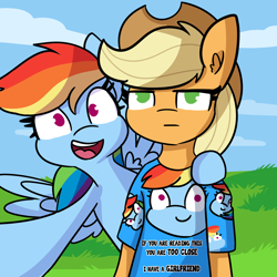 Size: 2250x2250 | Tagged: safe, artist:tjpones, applejack, rainbow dash, earth pony, pegasus, pony, semi-anthro, g4, applejack is not amused, applejack's hat, arm hooves, bipedal, clingy, clothes, cloud, cowboy hat, duo, fan shirt, female, grass, hat, high res, lesbian, no pupils, obsessive girlfriend, open mouth, possessive, ship:appledash, shipping, shirt, sky, text, unamused, yandere, yanderebow dash