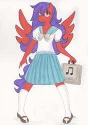 Size: 604x858 | Tagged: safe, artist:whitearabmare, oc, oc only, oc:berry sweet, pegasus, anthro, plantigrade anthro, clothes, female, kneesocks, pose, school uniform, schoolgirl, simple background, skirt, smiling, socks, solo, spread wings, suitcase, traditional art, white background, wings