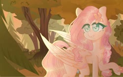 Size: 1024x640 | Tagged: safe, artist:lightlycandy, fluttershy, butterfly, pegasus, pony, g4, chest fluff, colored hooves, colored pupils, cute, deviantart watermark, female, flower, forest, hair accessory, mare, obtrusive watermark, shyabetes, solo, tree, watermark