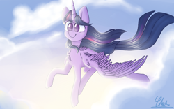 Size: 800x500 | Tagged: safe, artist:lightlycandy, twilight sparkle, alicorn, pony, g4, chest fluff, cloud, colored pupils, cute, female, flying, mare, sky, smiling, solo, spread wings, twiabetes, twilight sparkle (alicorn), wings