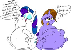 Size: 1126x795 | Tagged: safe, artist:princebluemoon3, rarity, oc, oc:neon sprinkles, pony, unicorn, g4, belly, belly button, big belly, dialogue, fat, female, mare, raritubby, simple background, stuffed, tongue out, white background