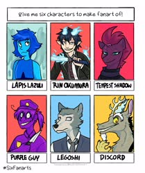 Size: 1715x2048 | Tagged: safe, artist:livv0li, discord, tempest shadow, draconequus, gem (race), human, pony, unicorn, wolf, anthro, g4, artificial wings, augmented, beastars, blue exorcist, broken horn, bust, clothes, crossover, eye scar, female, five nights at freddy's, grin, horn, hta, hydrokinesis, knife, lapis lazuli (steven universe), legosi (beastars), magic, magic wings, male, mare, necktie, purple guy, rin okumura, scar, six fanarts, smiling, steven universe, water, white eyes, wings