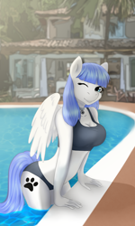 Size: 3000x5000 | Tagged: safe, artist:jerraldina, oc, oc only, oc:snow pup, pegasus, anthro, bikini, clothes, collar, female, leaning, leaning forward, one eye closed, poolside, solo, swimsuit, wink, winking at you