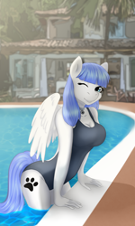 Size: 3000x5000 | Tagged: safe, artist:jerraldina, oc, oc only, oc:snow pup, pegasus, anthro, clothes, collar, female, leaning, leaning forward, one eye closed, one-piece swimsuit, open-back swimsuit, poolside, solo, swimsuit, wink, winking at you