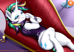 Size: 1280x913 | Tagged: safe, artist:shadowfaxxx, rarity, unicorn, semi-anthro, g4, alternate hairstyle, arm hooves, bedroom eyes, blushing, chest fluff, fainting couch, female, frog (hoof), looking at you, makeup, mare, patreon, patreon logo, punk, raripunk, solo, spiked wristband, underhoof, wristband