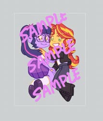 Size: 1384x1617 | Tagged: dead source, safe, artist:chapaghettii, sci-twi, sunset shimmer, twilight sparkle, equestria girls, g4, blouse, boots, clothes, duo, female, glasses, jacket, keychain, lesbian, obtrusive watermark, ponytail, sample, ship:sci-twishimmer, ship:sunsetsparkle, shipping, shoes, skirt, watermark