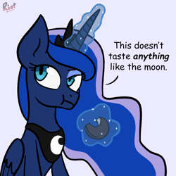 Size: 1000x1000 | Tagged: safe, artist:riotsweetly, princess luna, alicorn, pony, g4, eating, female, food, mare, moon pie, simple background, sitting, solo