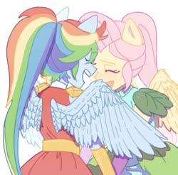 Size: 2048x2016 | Tagged: dead source, safe, artist:chapaghettii, fluttershy, rainbow dash, equestria girls, g4, clothes, crystal guardian, duo, eyes closed, female, high res, lesbian, open mouth, ponied up, ponytail, ship:flutterdash, shipping, shoulder pads, simple background, smiling, uniform, white background