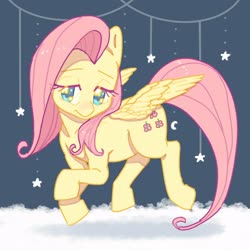 Size: 2048x2048 | Tagged: dead source, safe, artist:chapaghettii, fluttershy, pegasus, pony, g4, crescent moon, cute, female, high res, lidded eyes, mare, moon, night, shyabetes, solo, spread wings, stars, turned head, wings