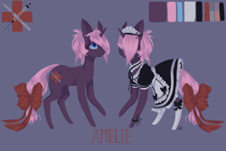Size: 3000x2000 | Tagged: safe, artist:wopphank, oc, oc:amelie ross, pony, unicorn, clothes, cutie mark, female, high res, maid, mare, no source available, pink hair, purple, reference sheet, stockings, thigh highs