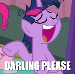 Size: 852x834 | Tagged: safe, edit, edited screencap, screencap, pinkie pie, twilight sparkle, alicorn, pony, a trivial pursuit, g4, behaving like rarity, caption, cropped, darling, image macro, imitation, messy mane, offscreen character, solo focus, text, twilight sparkle (alicorn)