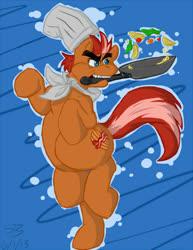 Size: 576x745 | Tagged: safe, artist:seanblackthorne, oc, oc only, oc:bacon pancakes, earth pony, pony, bipedal, chef, chef's hat, clothes, cooking, food, hat, male, mouth hold, pan, scarf, solo, stallion