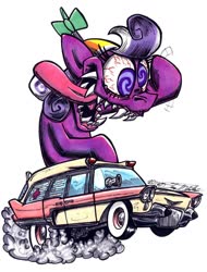 Size: 1024x1344 | Tagged: safe, artist:sketchywolf-13, screwball, earth pony, pony, g4, ambulance, blood, bloodshot eyes, cadillac, car, crazy eyes, crazy face, ed "big daddy" roth, ed roth, faic, female, filly, hat, mare, rat fink, sharp teeth, simple background, smoke, solo, style emulation, teeth, traditional art, white background
