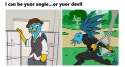 Size: 2770x1500 | Tagged: safe, artist:pony quarantine, gallus, griffon, anthro, g4, /mlp/, 4chan, arin hanson, clothes, drawthread, egoraptor, hat, hoodie, i can be your angle or yuor devil, intentional spelling error, male, meme, ponified, ponified meme, simple background, solo, stick, sword, text, tree, weapon