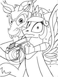 Size: 1024x1337 | Tagged: safe, artist:sketchywolf-13, discord, princess celestia, alicorn, draconequus, pony, g4, at gunpoint, coloring page, crown, duo, female, gun, handgun, horn, hostage, jewelry, lineart, male, mare, monochrome, regalia, scared, simple background, smiling, threatening, traditional art, weapon, white background, wings