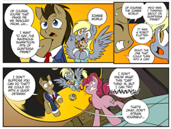 Size: 1817x1363 | Tagged: safe, artist:nekoshiei, editor:anonycat, seven seas, derpy hooves, doctor whooves, pinkie pie, time turner, earth pony, pegasus, pony, g4, my little pony: the manga, my little pony: the manga volume 2, colored, cropped, food, muffin, time pony, transformers