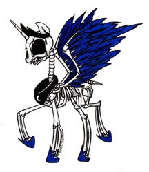 Size: 900x1041 | Tagged: safe, artist:sketchywolf-13, princess luna, alicorn, pony, skeleton pony, g4, bone, collar, crown, feather, female, horn, jewelry, logo, regalia, simple background, skeleton, skull, solo, traditional art, white background, wings