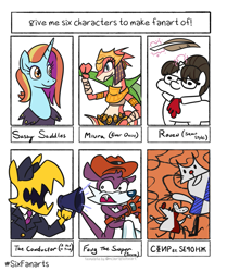 Size: 1005x1200 | Tagged: safe, artist:jargon scott, raven, sassy saddles, pony, unicorn, g4, a hat in time, crossover, fang the sniper, female, male, mare, miura (ever oasis), six fanarts, sonic the hedgehog, sonic the hedgehog (series), squatpony, the conductor, the simpsons, worker and parasite