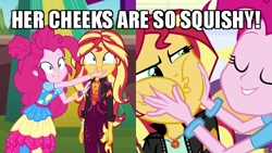 Size: 640x360 | Tagged: safe, edit, edited screencap, screencap, pinkie pie, sunset shimmer, equestria girls, equestria girls series, equestria girls specials, g4, mirror magic, sunset's backstage pass!, spoiler:eqg series (season 2), caption, cropped, cute, geode of empathy, geode of sugar bombs, image macro, magical geodes, shimmerbetes, squishy cheeks, text, zoomed