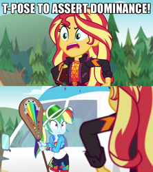 Size: 640x720 | Tagged: safe, edit, edited screencap, screencap, rainbow dash, sunset shimmer, equestria girls, equestria girls specials, g4, my little pony equestria girls: better together, my little pony equestria girls: sunset's backstage pass, caption, confused, image macro, paddle, t pose, text, wat