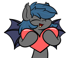 Size: 2560x1920 | Tagged: safe, artist:php142, oc, oc only, bat pony, pony, bat pony oc, bat wings, blue mane, eyes closed, gray coat, happy, heart, holding, holiday, laughing, male, simple background, solo, stallion, transparent background, valentine's day, wings