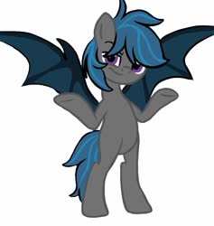 Size: 871x917 | Tagged: safe, artist:oreopone, oc, oc only, oc:nocturne star, bat pony, pony, bat pony oc, bat wings, bipedal, blue mane, gray coat, purple eyes, smug, solo, standing, wings
