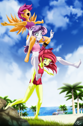 Size: 2100x3166 | Tagged: safe, alternate version, artist:mauroz, apple bloom, scootaloo, sweetie belle, equestria girls, g4, amputee, armpits, barefoot, beach, bikini, clothes, cutie mark crusaders, eyes closed, feet, female, high res, horn, horned humanization, midriff, one-piece swimsuit, open mouth, piggyback ride, prosthetic leg, prosthetic limb, prosthetics, scared, smiling, swimsuit, tankini, this will end in pain, winged humanization, wings