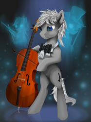 Size: 845x1127 | Tagged: safe, artist:yakovlev-vad, oc, oc only, oc:jonathan bleak, earth pony, pony, blue eyes, bow, bow (instrument), bowtie, cello, cello bow, earth pony oc, gray coat, male, musical instrument, musician, peaceful, solo, stallion, standing, white mane