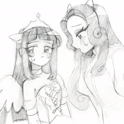 Size: 1540x1539 | Tagged: safe, artist:vilkadvanoli, rarity, twilight sparkle, alicorn, equestria girls, g4, clothes, crown, dress, jewelry, monochrome, pencil drawing, ponied up, regalia, ribbon, sketch, traditional art, twilight sparkle (alicorn), uniform