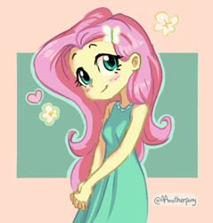 Size: 1405x1469 | Tagged: safe, artist:aanotherpony, fluttershy, equestria girls, g4, abstract background, blushing, clothes, cute, dress, female, flower, heart, shyabetes, solo