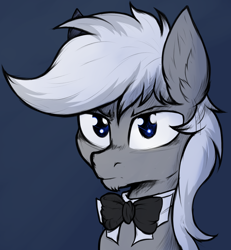 Size: 2500x2700 | Tagged: safe, artist:tatykin, oc, oc only, oc:jonathan bleak, earth pony, pony, avatar, blue eyes, bow, bowtie, bust, gray coat, high res, male, portrait, serious, serious face, solo, stallion, white mane