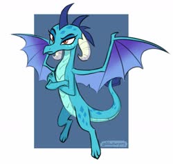 Size: 1691x1612 | Tagged: safe, artist:aanotherpony, princess ember, dragon, g4, blue background, claws, crossed arms, dragoness, female, flying, horns, looking at you, narrowed eyes, orange eyes, raised eyebrow, simple background, slit pupils, solo, spread wings