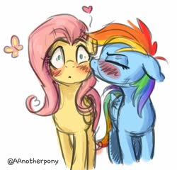 Size: 1146x1102 | Tagged: safe, artist:aanotherpony, fluttershy, rainbow dash, butterfly, pegasus, pony, blushing, cheek kiss, duo, eyes closed, female, floating heart, floppy ears, flutterdash, folded wings, heart, kissing, lesbian, mare, shipping, signature, simple background, white background, wings