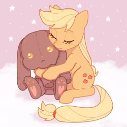 Size: 2048x2048 | Tagged: dead source, safe, artist:chapaghettii, artist:char, applejack, earth pony, pony, rabbit, g4, animal, cute, female, high res, jackabetes, plushie, sleeping, solo, stars, younger