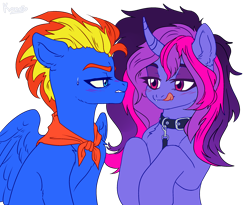 Size: 2680x2200 | Tagged: safe, artist:konejo, oc, oc only, oc:miranda, oc:wing hurricane, original species, pegasus, pony, collar, curved horn, elepatrium, elepatrium universe, high res, horn, leash, licking, licking lips, looking at each other, pioneer tie, simple background, tongue out, transparent background, unicorn (elepatrium), universe elepatrium