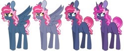 Size: 993x411 | Tagged: safe, artist:greyestgray, oc, oc:frosting sprinkles, earth pony, pegasus, pony, unicorn, offspring, parent:pinkie pie, parent:pokey pierce, parents:pokeypie, simple background, transparent background